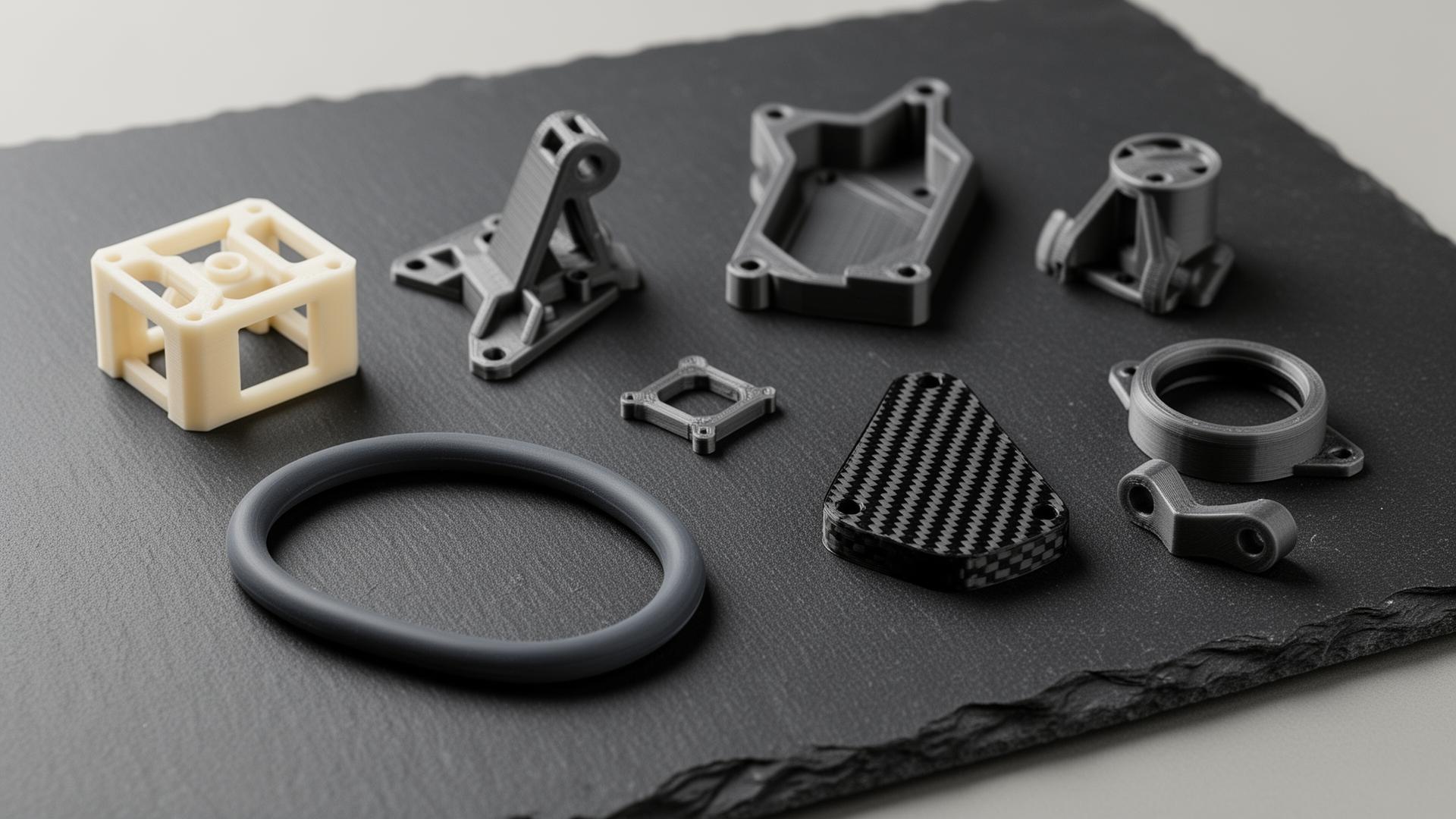 Various FDM 3D printed material samples and test pieces arranged for comparison