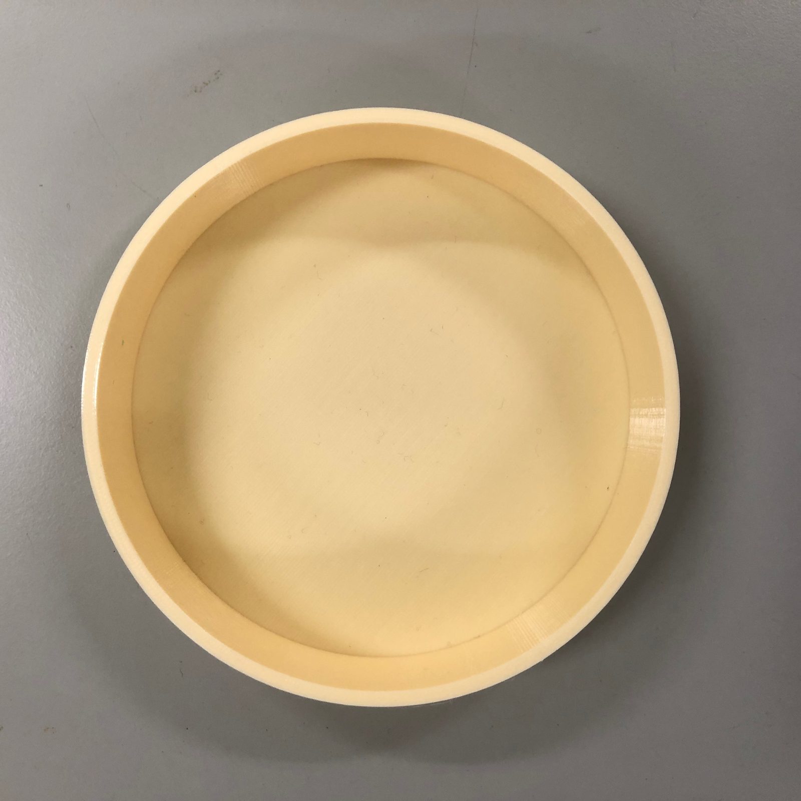 Real 3D-printed circular dish showing FDM layer lines